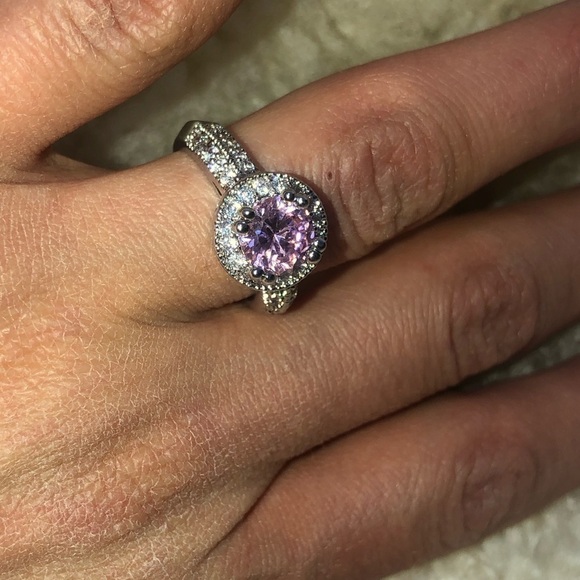 SILVER Tone Simulated Pink Sapphire Halo Ring Filigree Setting Costume Ring s7 - Picture 3 of 6